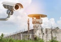 Outdoor CCTV security camera or surveillance system operating at prison guard tower Royalty Free Stock Photo