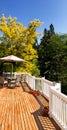 outdoor cedar deck with blooming trees and blue sky in background