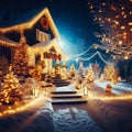 Outdoor Christmas lights decorated in the snowy weather of december. Royalty Free Stock Photo