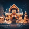 House decorated with garland lights, snowman in yard for the holidays. Royalty Free Stock Photo