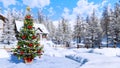 Outdoor Christmas tree blurred winter background
