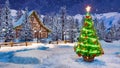 Decorated Christmas tree at snowfall winter night Royalty Free Stock Photo