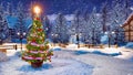 Outdoor Christmas tree at snowfall winter night Royalty Free Stock Photo