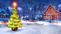 Xmas tree in rural landscape at night watercolor Royalty Free Stock Photo