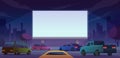 Outdoor cinema. Drive public cinema people watching movie from self cars vector cartoon landscape