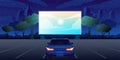 Outdoor cinema, open air movie night banner with one car. Bright screen with film outdoor theatre vector illustration Royalty Free Stock Photo