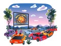 Outdoor cinema, open air movie night. Screen with film outdoor theatre vector illustration. People sitting in cars at Royalty Free Stock Photo