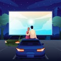 Outdoor cinema, open air movie night. Screen with film outdoor theatre vector illustration. People sitting in cars at Royalty Free Stock Photo