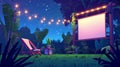 Outdoor cinema screen in summer backyard garden with projector, chair, and garland bulb light in evening. Cartoon Royalty Free Stock Photo