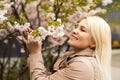 outdoor closeup portrait of a beautiful blonde woman among blossom apple trees Royalty Free Stock Photo