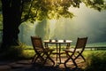 Outdoor comfort Wooden table and chairs harmonize with forest ambiance