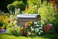 Outdoor composting bin compost bin placed in garden, surrounding flowers and plants. Composting bin to recycle home and