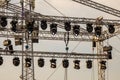 Outdoor concert stage with lighting equipment before performance. Stage construction. Installation scene for concert Royalty Free Stock Photo