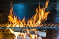 Outdoor cooking in a bowl of stainless steel over a burning fire close up. Concept of summer grilling, barbecue, bbq Royalty Free Stock Photo