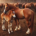 Chestnut brown mother and foal stand in an outdoor corral