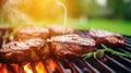 Outdoor culinary delight: grilled meat on a flaming BBQ grill Royalty Free Stock Photo