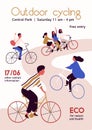 Outdoor cycling competition poster vector flat illustration. Cartoon people cyclist in bicycle racing on the road Royalty Free Stock Photo