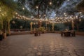 outdoor dance floor surrounded by twinkling fairy lights with magical atmosphere Royalty Free Stock Photo