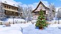 Christmas tree on snowbound alpine township square