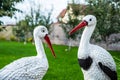 Outdoor decorations for home courtyard or parks. Decorative elements for home garden. Handmade figures of wild crane birds. Two