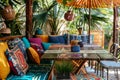 Outdoor dining area with vibrant colorful cushions and chairs. Generative AI Royalty Free Stock Photo