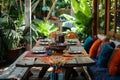 Outdoor dining area with vibrant colorful cushions and chairs. Generative AI Royalty Free Stock Photo