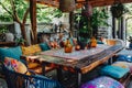 Outdoor dining area with vibrant colorful cushions and chairs. Generative AI Royalty Free Stock Photo