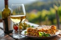 Outdoor dining featuring plate of savory lasagna paired with glass of white wine. AI generated