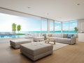 Outdoor dining and sea view living room of luxury beach house with terrace near swimming pool in modern design.