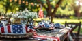 Outdoor dining table set for a patriotic American event. Royalty Free Stock Photo