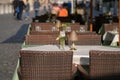 Outdoor dining tables of a cafe restaurant Royalty Free Stock Photo