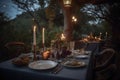 outdoor dinnertime scene with candlelight, fine china, and elegant table setting