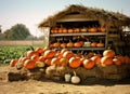 An outdoor display of a crop of large pumpkins on top of hay bales ready for the fall season and its holidays.