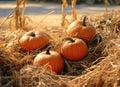 An outdoor display of a crop of large pumpkins on top of hay bales ready for the fall season and its holidays.