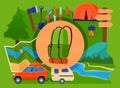 Outdoor eco tourism, camping vacation concept vector illustration, cartoon flat big travel backpack, campfire base camp