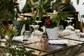 Outdoor empty coffee and restaurant terrace with wooden tables, vintage chairs and flowers. Green cafe terrace on the