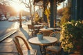 Outdoor empty restaurant terrace with tables and chairs. Cafe with tables outside. Generative AI