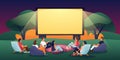 Outdoor evening cinema in summer park. Vector flat cartoon illustration. People watching movie in open-air cinema