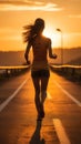 Outdoor exercise A woman trains for a marathon, running on a sunset trail