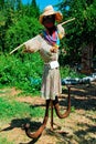 An outdoor exhibition of modern decorative scarecrows