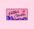 Outdoor expeditions, pink mountain retro badge, horizontal label. Rustic lines, vintage style