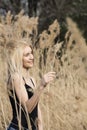 Outdoor fashion photo of young beautiful lady in autumn landscape with dry flowers Royalty Free Stock Photo