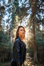 Outdoor fashion photo of young beautiful lady in a birch forest. Royalty Free Stock Photo