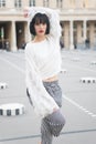 Outdoor fashion portrait of glamour sensual young stylish lady wearing trendy outfit,