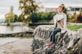 Outdoor fashion portrait of pretty little preteen girl Royalty Free Stock Photo