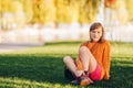 Outdoor fashion portrait of pretty little preteen girl Royalty Free Stock Photo