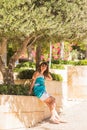 Outdoor fashion portrait summer style of young beautiful woman fresh face smiling on tropic island having fun on Royalty Free Stock Photo