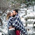 Outdoor fashion portrait of young sensual couple in cold winter weather. love and kiss Royalty Free Stock Photo