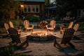 Outdoor fire pit in the backyard with lawn chairs seating on a late summer night created by generative AI