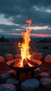 Outdoor fire pit with burning logs at sunset Royalty Free Stock Photo